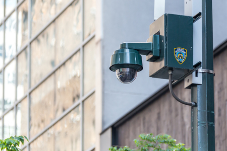 New York City, NY, USA - May 17, 2019: NYPD security surveillance camera an a street in USAのeditorial素材