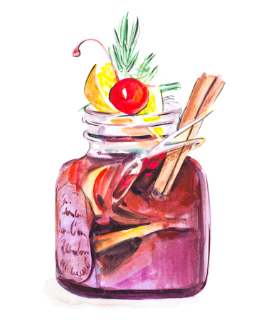 Watercolor mulled wine with spices in nice glass with cherry, cinnamon and lemon, isolated illustration on white backgroundの写真素材