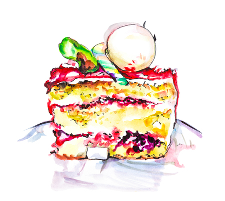 Hand drawn watercolor slice of creamy pie with flowers, isolated cake illustration on white backgroundの写真素材