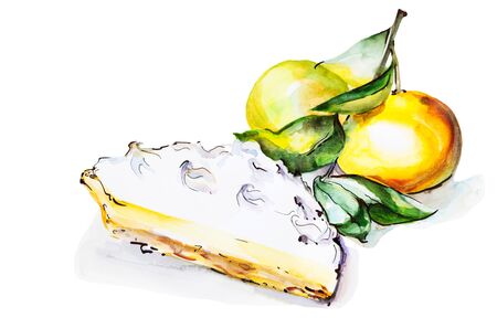 watercolor illustration of slice slice of orange or apricot pie, piece of cake with fruits, isolated on white backgroundの写真素材