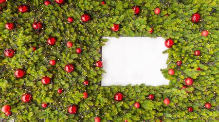 Creative layout made of Christmas tree branches with white paper card note. Flat lay with copy space, New Year concept.の写真素材