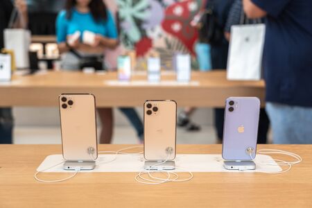 Aventura, Florida, USA - September 20, 2019: The iPhone 11, 11 Pro and Pro Max are displayed as the new smartphone by Apple goes on saleのeditorial素材