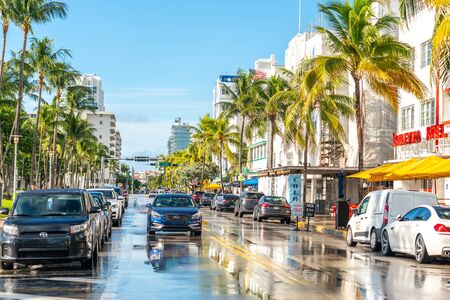 Miami, USA - September 09, 2019: Ocean Drive street after rain in the morning in Miami South Beach in Floridaのeditorial素材