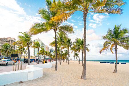 Fort Lauderdale, Florida, USA - September 20, 2019: Seafront beach promenade with palm trees on a sunny day in Fort Lauderdaleのeditorial素材