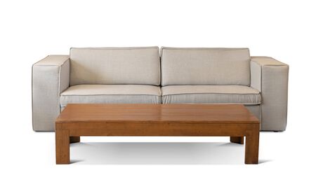 Modern Flax couch with wooden coffee table. Sofa isolated on white background. Studio shootの写真素材