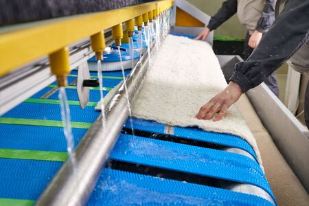 Laundry worker in the process of working on automatic machine for carpet washing in dry cleaning