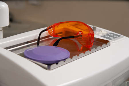 Safety glasses for patient and doctor, health equipment. Dentist clinic. protective gogglesの写真素材