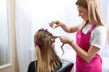 Hairdresser puts powder for volume on hair of clientの写真素材