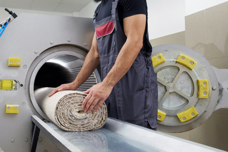 Man operating drying machine for carpet cleaning. Professional carpet cleaning serviceの写真素材