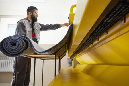 Man operating carpet automatic washing machine in professional laundry service
