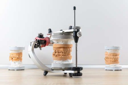 Dental articulator with dental jaw prosthesis model on the table in dental laboratoryの写真素材