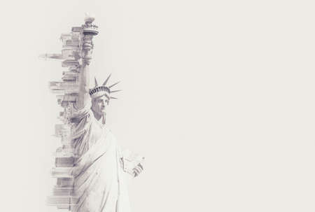 Double exposure image of the Statue of Liberty and new york skyline with cope space. Toned image