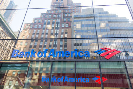 NEW YORK, USA - MAY 15, 2019: The logo of Bank of America in modern office building in New York. Bank of America is a banking and financial services corporation. Editorial.のeditorial素材