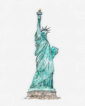 Watercolor painting illustration of the Statue of Liberty isolated on white backgroundの写真素材