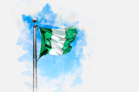 Watercolor painting illustration of Flag of Nigeria on a background blue skyの写真素材