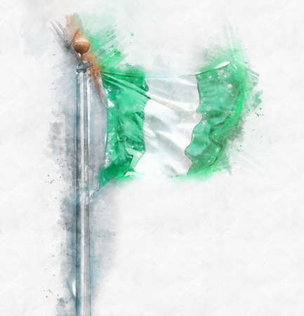 National flag of Nigeria on a flagpole, isolated on white backgroundの写真素材