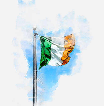 Watercolor painting illustration of Irish tricolour flying in full sunshine against blue skyの写真素材
