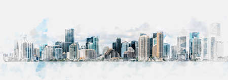 Watercolor digital illustration of Miami Downtown skyline isolated on white backgroundの写真素材