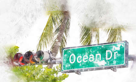 Watercolor painting illustration of Ocean drive street sign in Art Deco district in South Miami USAの写真素材