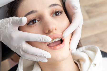 Close up of orthodontist checking brackets on female teeth. Concept of stomatology, dentistry,...