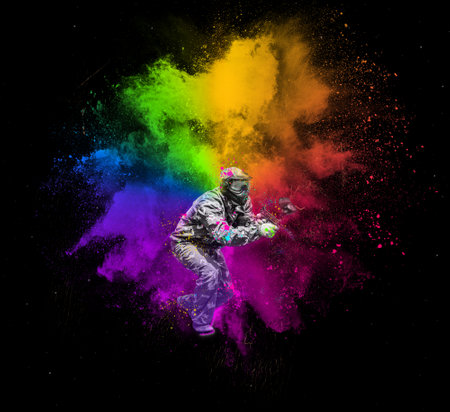 paintball sport player in protective uniform and mask, digital art collageの写真素材