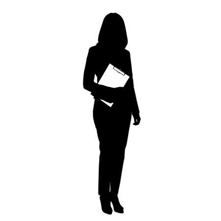 Business woman holding clipboard, vector illustration of black full length silhouetteのイラスト素材