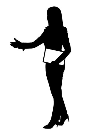 Business woman holding clipboard, vector illustration of black full length silhouetteのイラスト素材