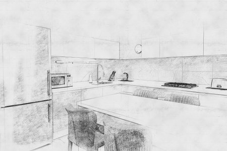 Black and white pencil scetch digital art of modern new kitchen in a luxurious apartmentの写真素材