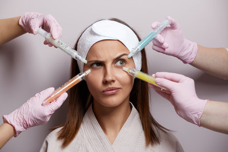 Conceptual beauty and cosmetology image of the hands of several beauticians holding their respective equipment. Beauty concept. Cosmetology conceptの写真素材