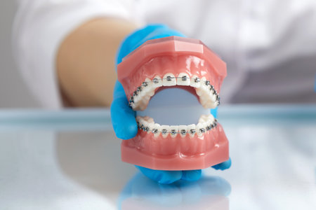 Doctor orthodontist showing model of human jaw with wire braces attached