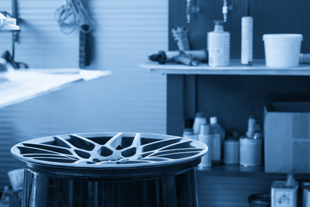 Wheel disc in auto repair shop ready to be renewedの写真素材