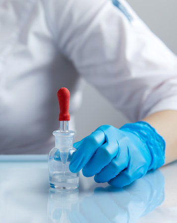Doctor using pipette for taking samples for test in special chemical laboratory or clinicの写真素材