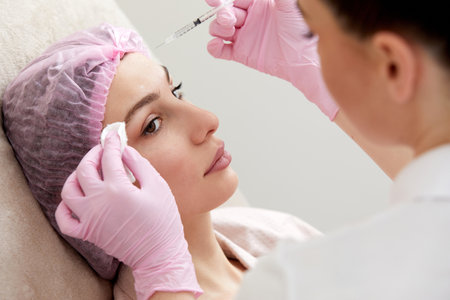 Cosmetologist performs the lift procedure by injecting beauty injections. Doctor injecting hyaluronic acid as facial rejuvenation treatmentの写真素材