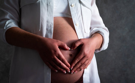 Belly of a pregnant woman. Pregnancy concept. Woman holding hands in heart shapeの写真素材