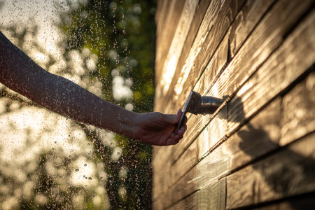 Female hand opens outdoor shower faucet at sunset. Concept of summer fun and relaxation with flowing waterの写真素材