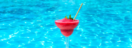 Frozen Strawberry Daiquiri at poolside on sunny summer day. Concept of cool refreshing beverages