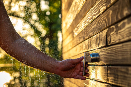 Male hand opens outdoor shower faucet at sunset. Concept of summer rest, fun, and relaxation with flowing waterの写真素材