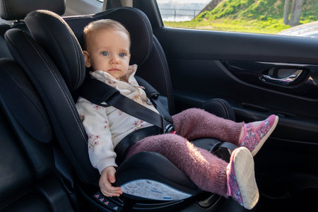 Toddler baby sitting in a car seat enjoying a car rideの写真素材
