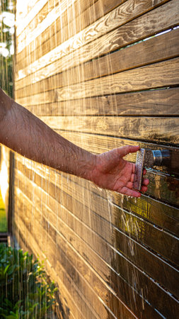 Man uses outdoor shower at sunset. Concept of summer restの写真素材