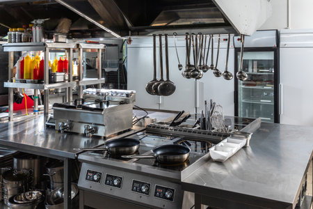 Professional kitchen in restaurant. Modern equipment and devices. Empty kitchenの写真素材