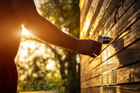 Man enjoying outdoor shower at sunset. Concept of summer rest, fun, and relaxation with flowing waterの写真素材