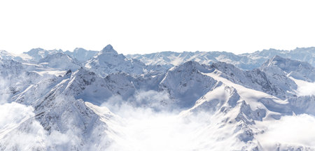 Panorama of winter mountains covered in snow isolated on white backgroundの写真素材