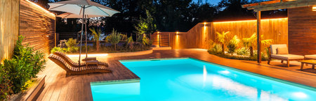 Luxury swimming pool with wooden deck and cozy lighting at night. Concept of relaxing outdoor living spaceの写真素材