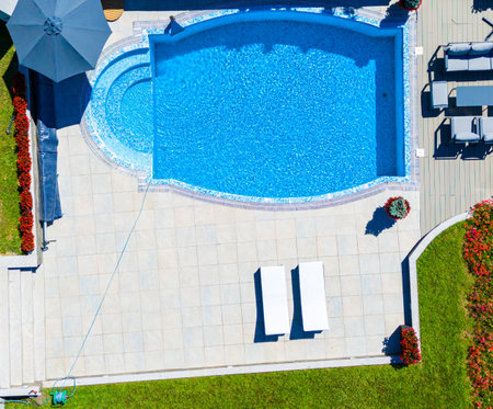 Aerial view of a luxury curved pool with surrounding patio, lounge chairs, and vibrant landscapingの写真素材