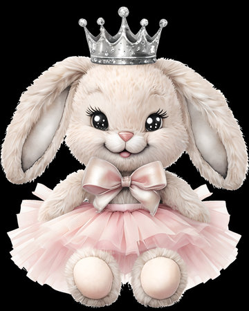 Cute bunny with crown and pink tutu on black background.の写真素材