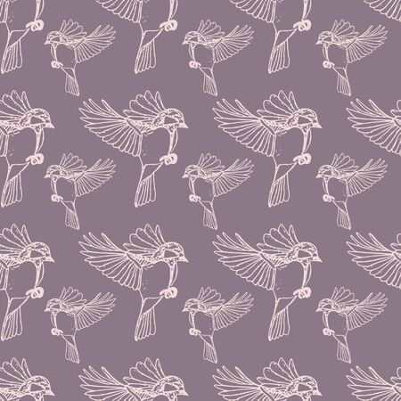 Purple vector repeat pattern with flying birdsのイラスト素材