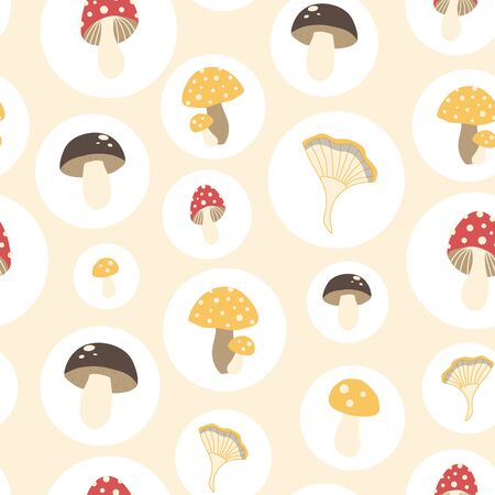 Vector pattern with mushrooms in white bubblesのイラスト素材