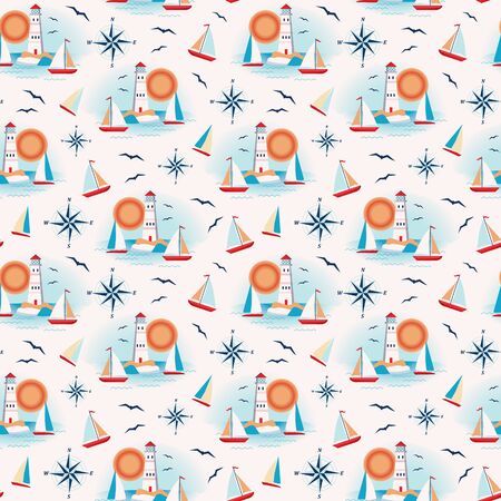 Vector pattern with a lighthouse and sailboatsのイラスト素材
