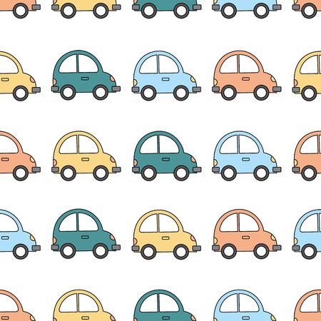 White vector pattern with cute colorful carsのイラスト素材