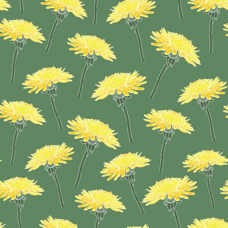 Spring vector pattern with blooming dandelion flowersのイラスト素材